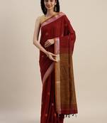 VASTRANAND Maroon & Orange Linen Blend Woven Design Banarasi Saree