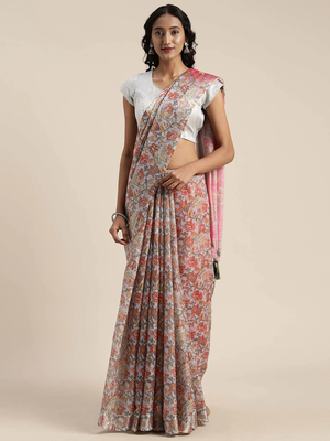 VASTRANAND Blue & Pink Linen Blend Printed Saree 1