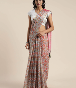 VASTRANAND Blue & Pink Linen Blend Printed Saree