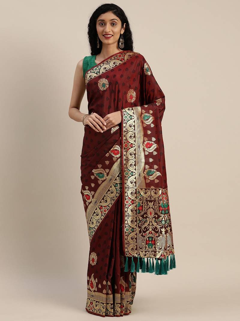 VASTRANAND Brown & Black Silk Blend Woven Design Kanjeevaram Saree