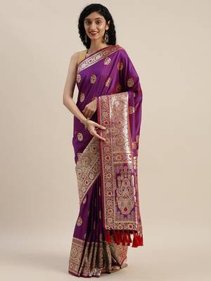VASTRANAND Purple & Golden Silk Blend Woven Design Kanjeevaram Saree 1