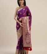 VASTRANAND Purple & Golden Silk Blend Woven Design Kanjeevaram Saree