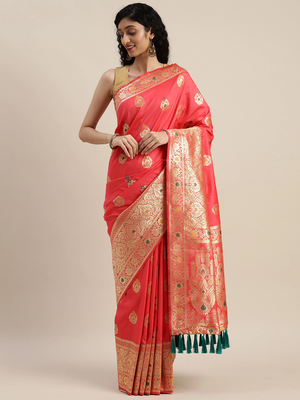 VASTRANAND Pink & Golden Silk Blend Woven Design Kanjeevaram Saree 1