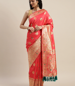 VASTRANAND Pink & Golden Silk Blend Woven Design Kanjeevaram Saree