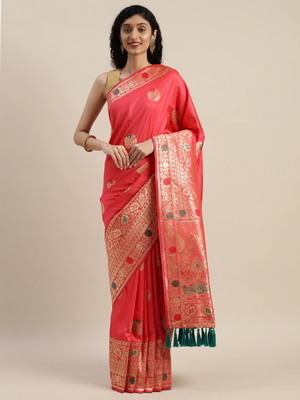 VASTRANAND Pink & Gold-Toned Silk Blend Woven Design Kanjeevaram Saree 1