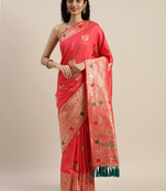 VASTRANAND Pink & Gold-Toned Silk Blend Woven Design Kanjeevaram Saree