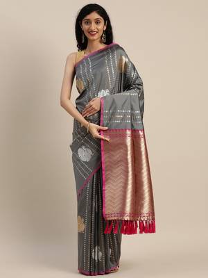 VASTRANAND Grey Silk Blend Woven Design Banarasi Saree 1