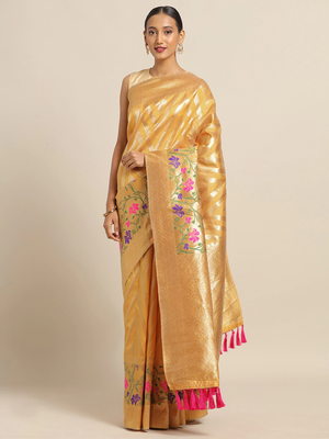 VASTRANAND Mustard Yellow & Golden Silk Cotton Woven Design Kanjeevaram Saree 1