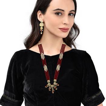 Traditional Gold Plated Kundan Red Pearl Multi Layered Red Meena Work Long Necklace & Earrings Set For Women 1