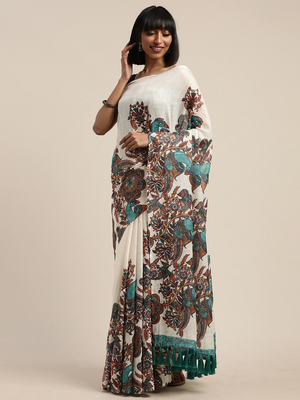 VASTRANAND  Cream-Coloured & Brown Linen Blend Ethnic Printed Saree 1