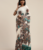 VASTRANAND  Cream-Coloured & Brown Linen Blend Ethnic Printed Saree