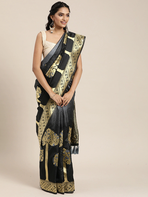 VASTRANAND  Black & Gold-Toned Silk Blend Woven Design Banarasi Designer Saree 1