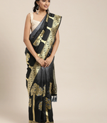 VASTRANAND  Black & Gold-Toned Silk Blend Woven Design Banarasi Designer Saree