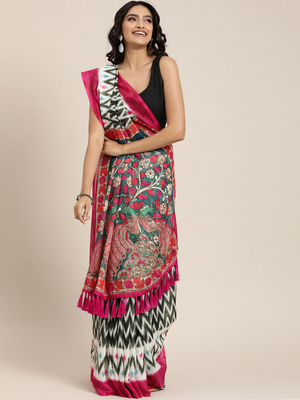 VASTRANAND  Black & White Linen Blend Printed Ikat Saree 1