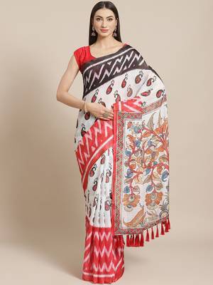 VASTRANAND  White & Black Floral Printed Ikat Designer Saree 1