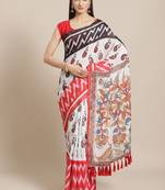 VASTRANAND  White & Black Floral Printed Ikat Designer Saree
