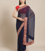 VASTRANAND  Navy Blue Mirror Work Solid Saree