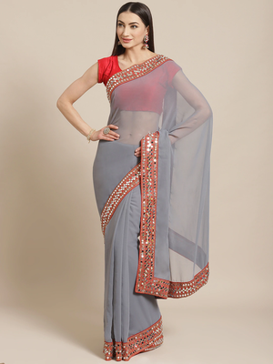 VASTRANAND  Grey Solid Mirror Work Saree 1