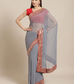 VASTRANAND  Grey Solid Mirror Work Saree