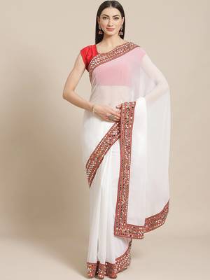 VASTRANAND  White Solid Mirror Work Saree 1