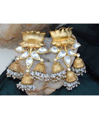 Lotus Gold Polki Diamond Studded Trible Jhumka Earrings 1