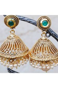 Emerald Studded Pearl Jhumka Earrings