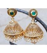 Emerald Studded Pearl Jhumka Earrings