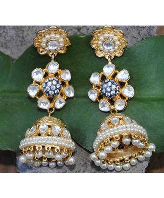 Floral Pearl Kundan Gold Jhumka Earrings 1