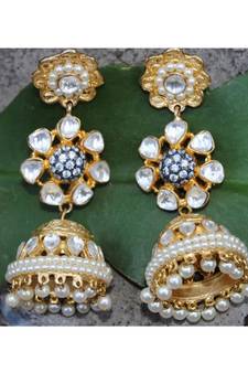 Floral Pearl Kundan Gold Jhumka Earrings