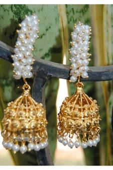 Pearly Stem Gold Jhumka Earrings