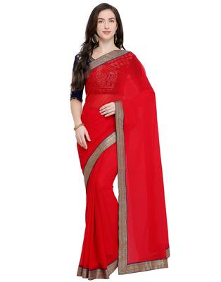 Red plain faux chiffon saree with blouse 1