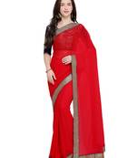 Red plain faux chiffon saree with blouse