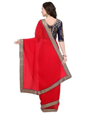 Red plain faux chiffon saree with blouse 2