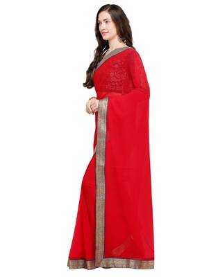 Red plain faux chiffon saree with blouse 3