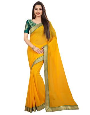 Yellow plain faux chiffon saree with blouse 1
