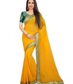 Yellow plain faux chiffon saree with blouse