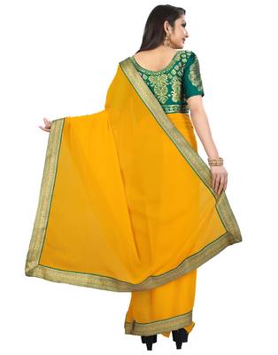 Yellow plain faux chiffon saree with blouse 2