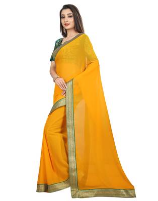 Yellow plain faux chiffon saree with blouse 3