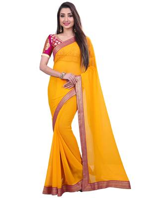 Yellow plain faux chiffon saree with blouse 1