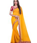 Yellow plain faux chiffon saree with blouse