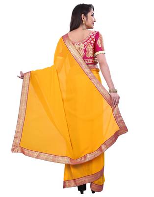 Yellow plain faux chiffon saree with blouse 2