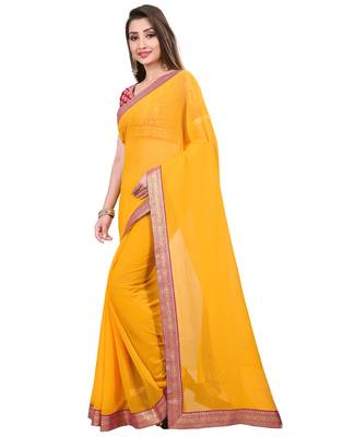 Yellow plain faux chiffon saree with blouse 3