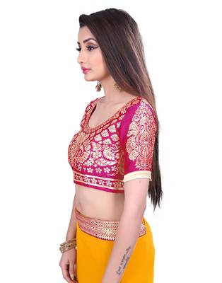 Yellow plain faux chiffon saree with blouse 5