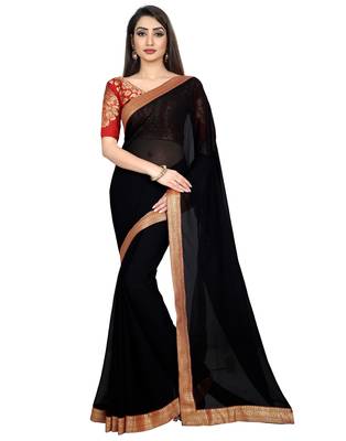 Black plain faux chiffon saree with blouse 1