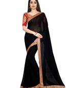 Black plain faux chiffon saree with blouse