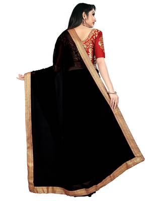 Black plain faux chiffon saree with blouse 2