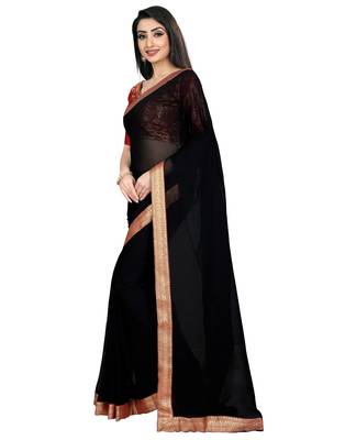 Black plain faux chiffon saree with blouse 3
