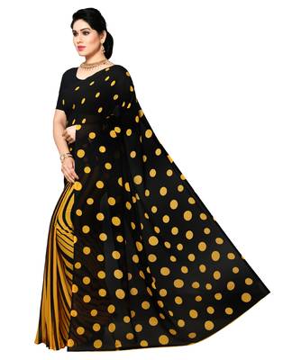 Black printed faux georgette saree with blouse 3
