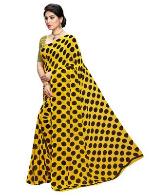 Yellow printed faux georgette saree with blouse 3