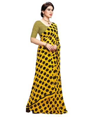 Yellow printed faux georgette saree with blouse 4